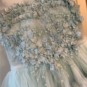 Blue Tiered Strapless Embellished Gown for Brides